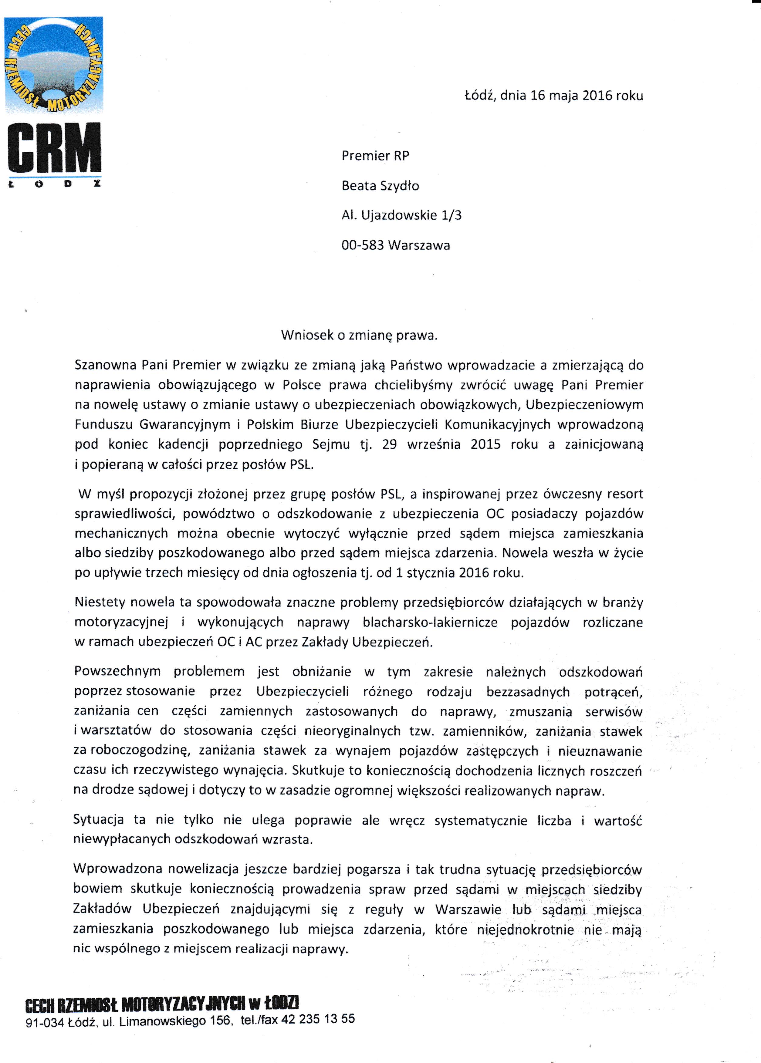 Pismo do Premier Beaty Szydło str 1
